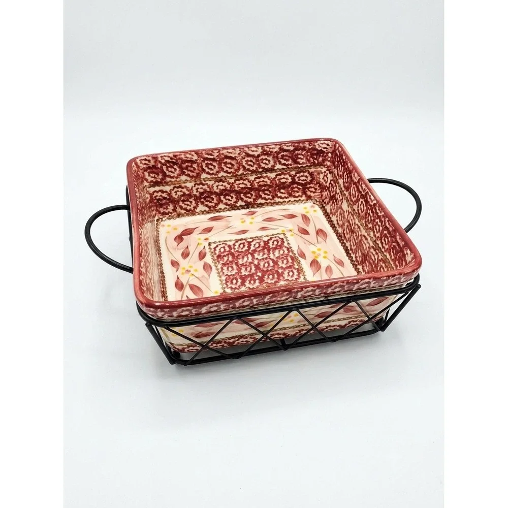 Temp-tations Old World Cranberry 1.5 QT Square Baker Casserole Trivet Caddy 3pc